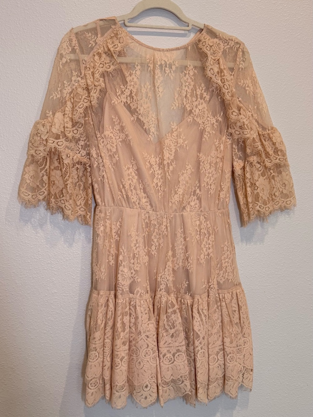 TALULAH Blush Lace Tiered Mini Dress